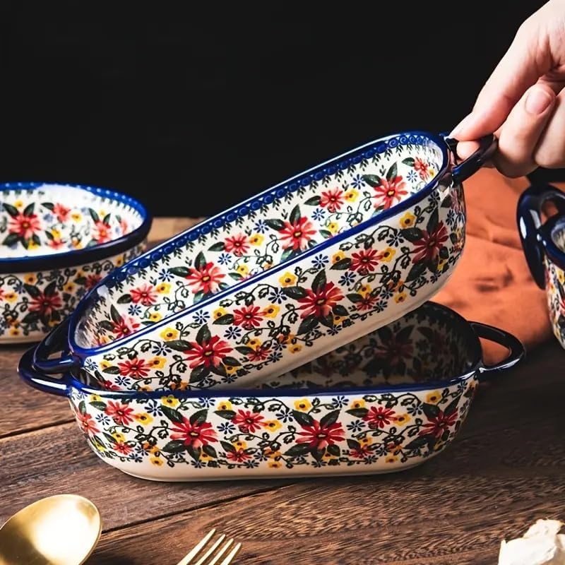 Ceramic Baking Casserole Dish with Handles,Elegant Floral Design Rectangular Lasagna Pan Bakeware for Baking Cooking, Roasting, Broiling, Gratin