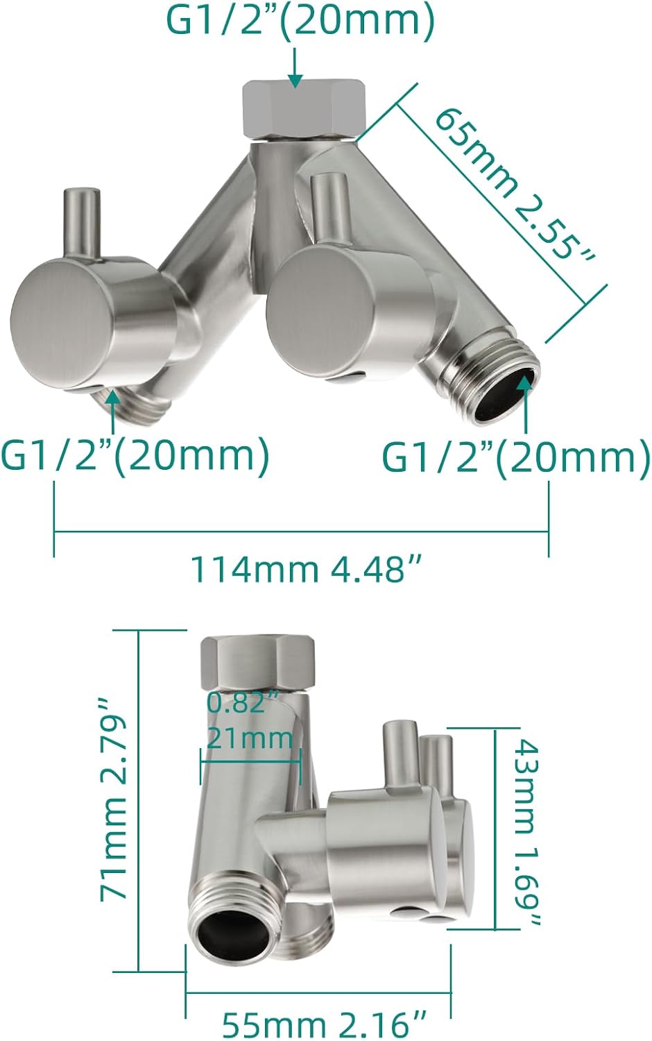 Tecmolog Brass 2 Way Shower Shut Off Valve G 1/2 Water Y Splitter Hose Adapter for Shower Head, Brushed Nickel, DSF014ANA