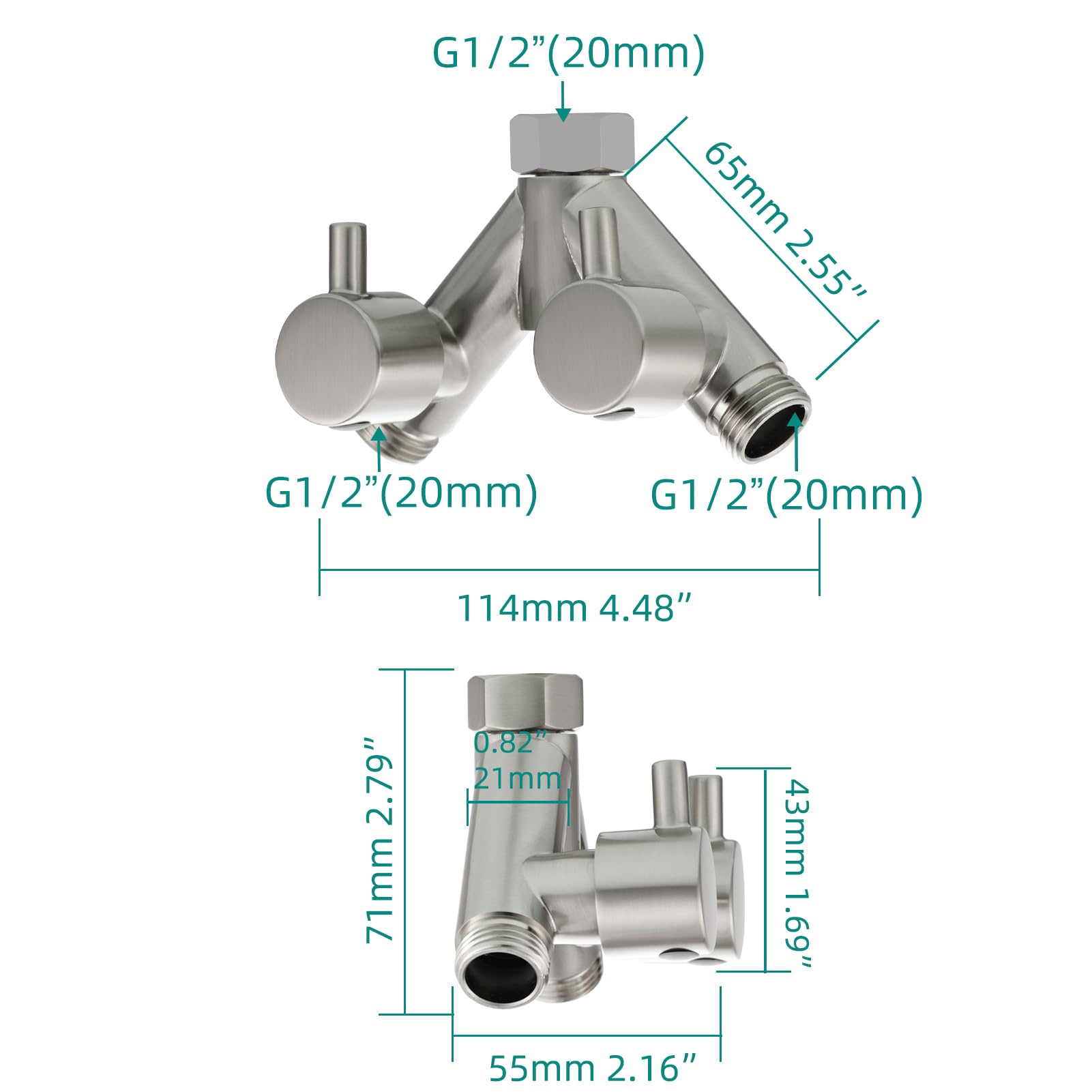 Tecmolog DSF014ANA Répartiteur en Y 2 voies 1/2" Adaptateur en laiton Vanne de dérivation Douche avec vannes d'arrêt Nickel brossé