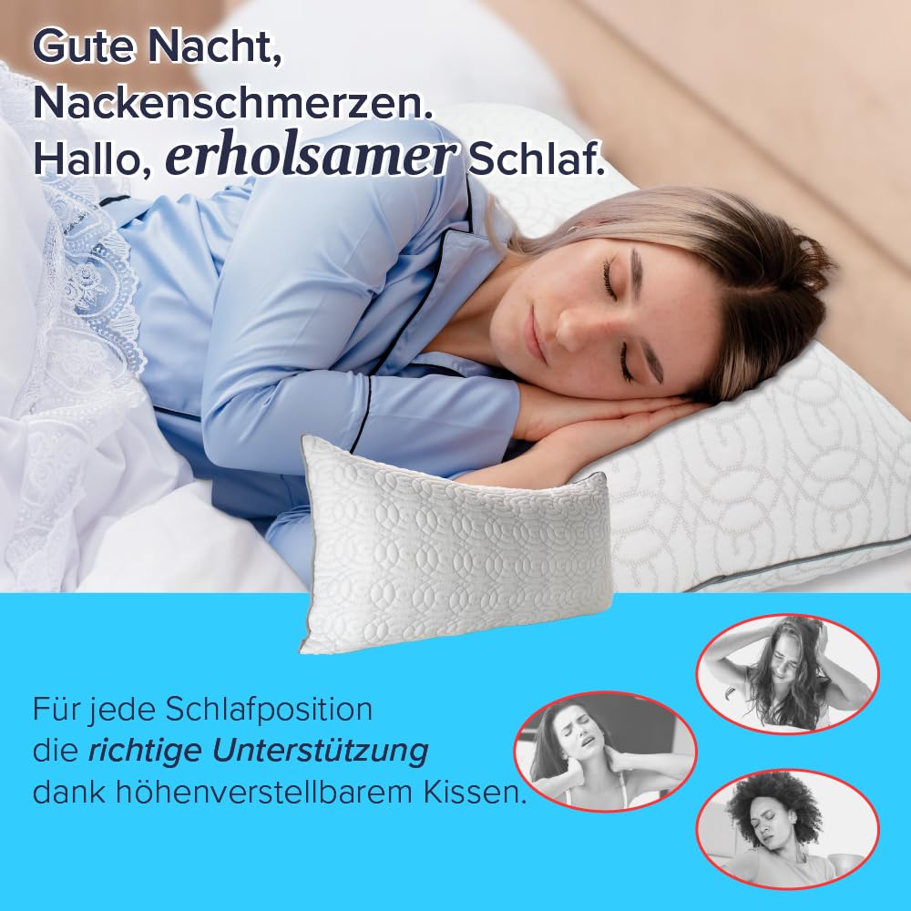 Kopfkissen 40x80 cm – Verstellbares Memory Foam Nackenkissen – Ergonomisch, druckentlastend & atmungsaktiv – Für Seiten-, Rücken- & Bauchschläfer – Für gesunden und entspannten Schlaf