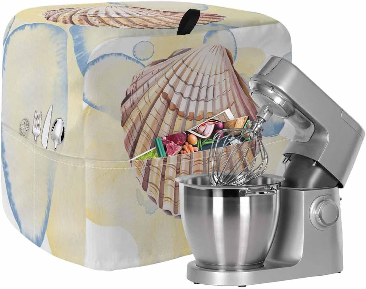 Coastal Seashells Stand Mixer Cover with Storage Pocket, Waterproof Kitchen Mixer Covers, Ocean Beach Nautical Marine Life Kitchen Appliance Dust Cover Compatible with 6-9 Quart Mixers