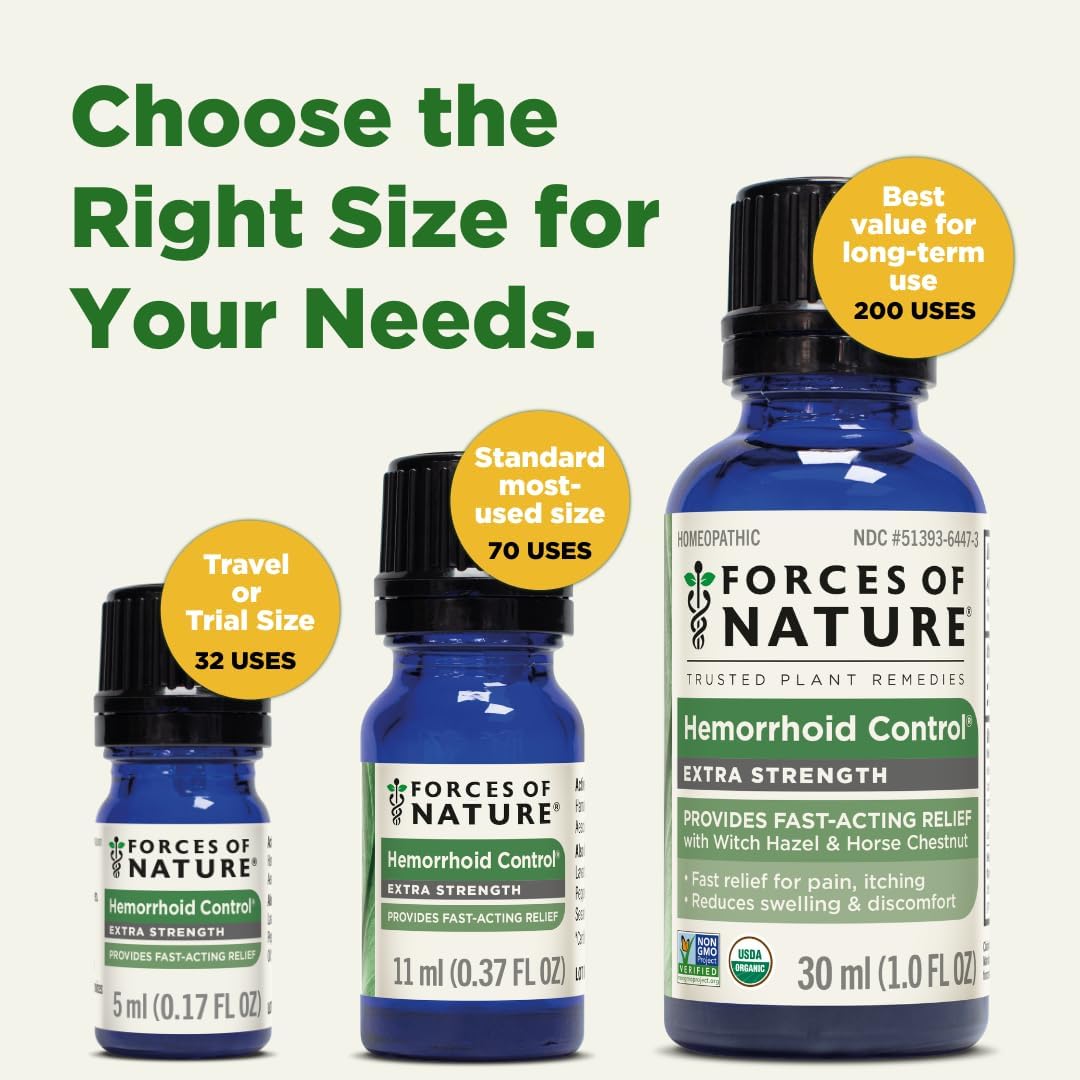Forces of Nature Hemorrhoid Control Extra Strength, Organic Homeopathic Medicine with Witch Hazel, Horse Chestnut, and Soothing Essential Oils for Itching, Swelling & Discomfort, 1.0 FL OZ