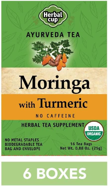 Ayurveda Moringa Tea, Organic Turmeric, No Caffeine Herbal Teas (Organic Moringa Turmeric, 16 Count (Pack of 6)