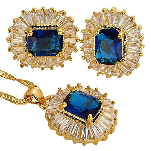RIZILIA Rectangular Radiant Cut Birthstone Jewelry Set for Women - September Simulated Blue Sapphire - 14K Yellow Gold Plated Pendant Necklace Stud Earrings, 18