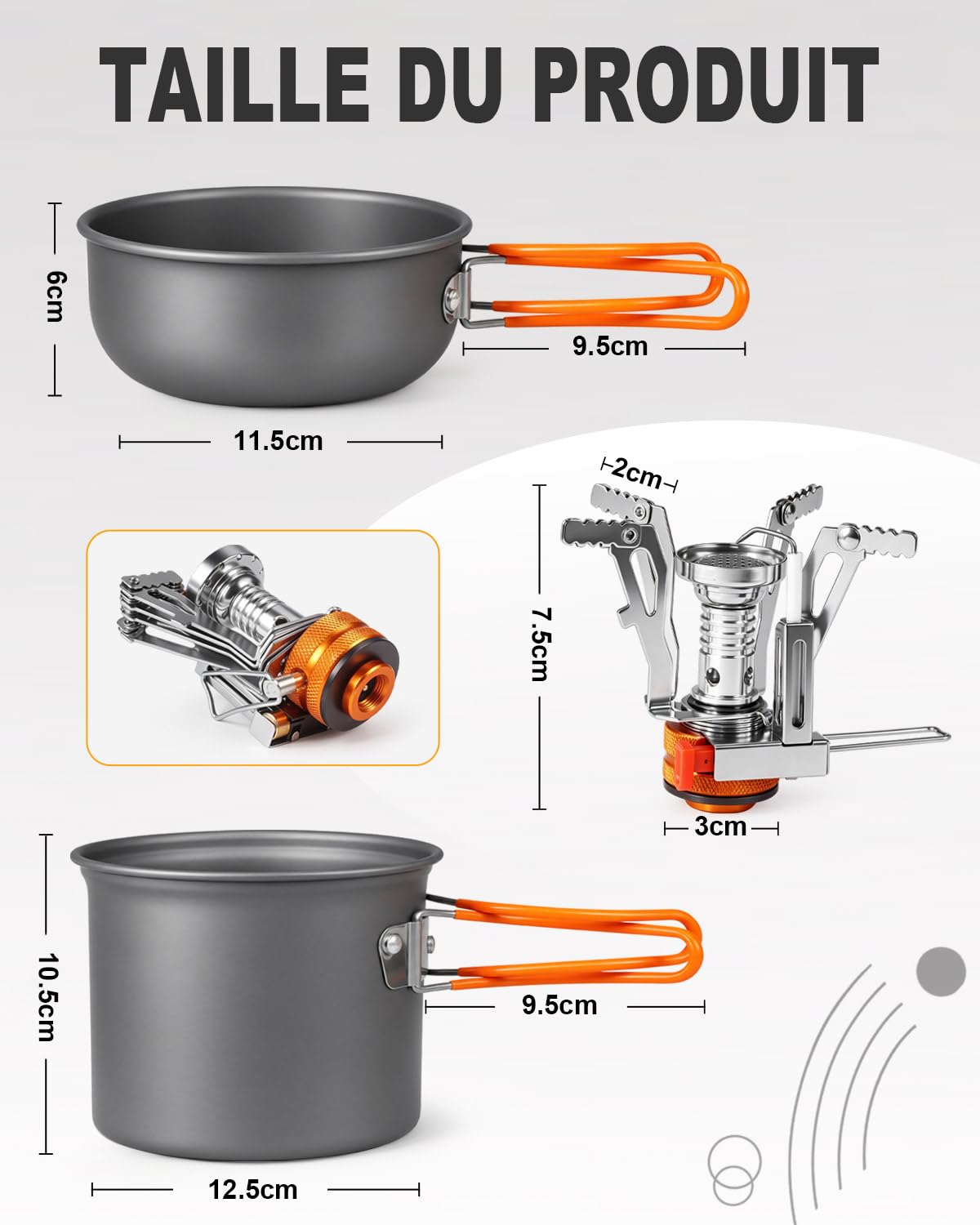 AUTOPkio Kit de Casserole Camping Ultraléger avec Mini Réchaud Gaz | Batterie Cuisine Aluminium, Ensemble Complet pour 1-2 Personnes, Poêle & Ustensiles Compact pour Randonnée Pêche Pique-Nique