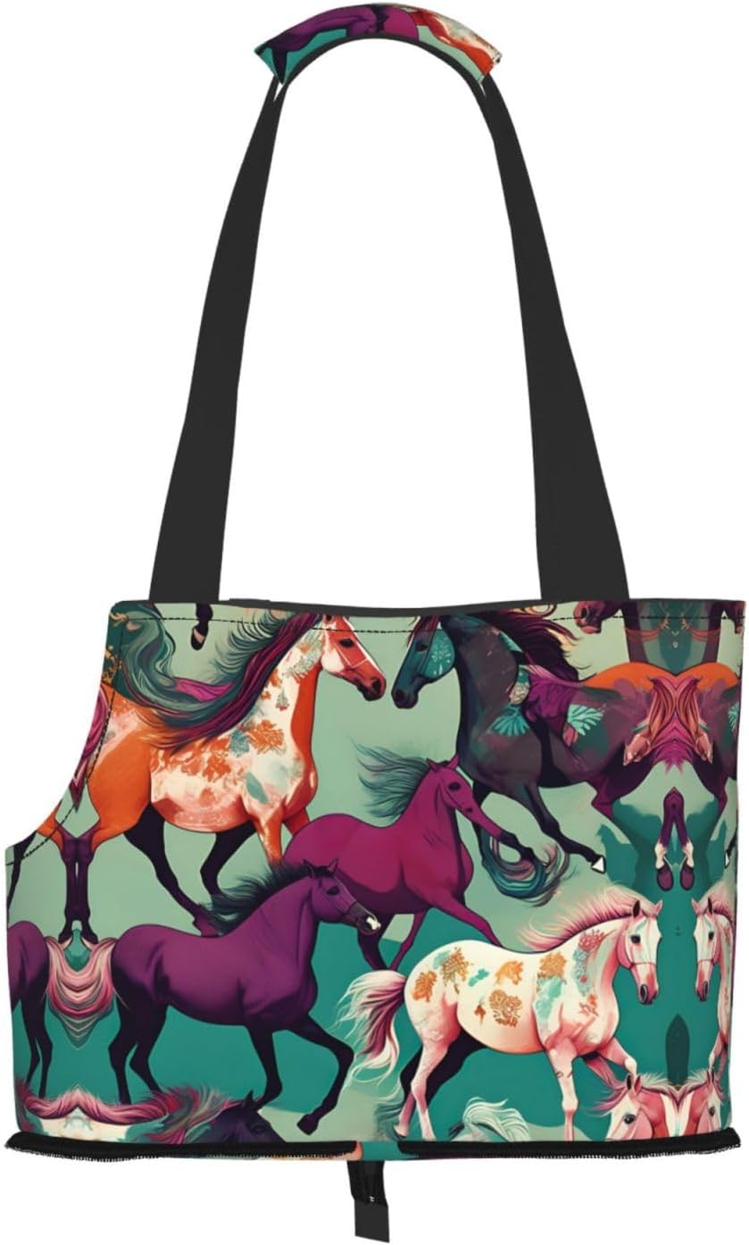 Various Kinds of Horses Print Portable Foldable Shoulder Bag for Travel,with Collar Hook and Handle Pad,Cute Stylish Design