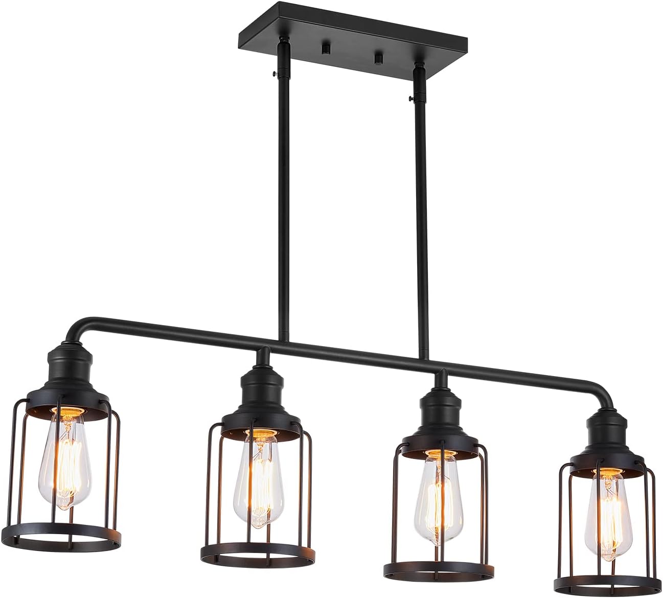 Kitchen Island Light,4-Light Dining Room Light Fixture, Cage Linear Pendant Lighting for Kitchen Island Dining Table Living Room, Black Metal