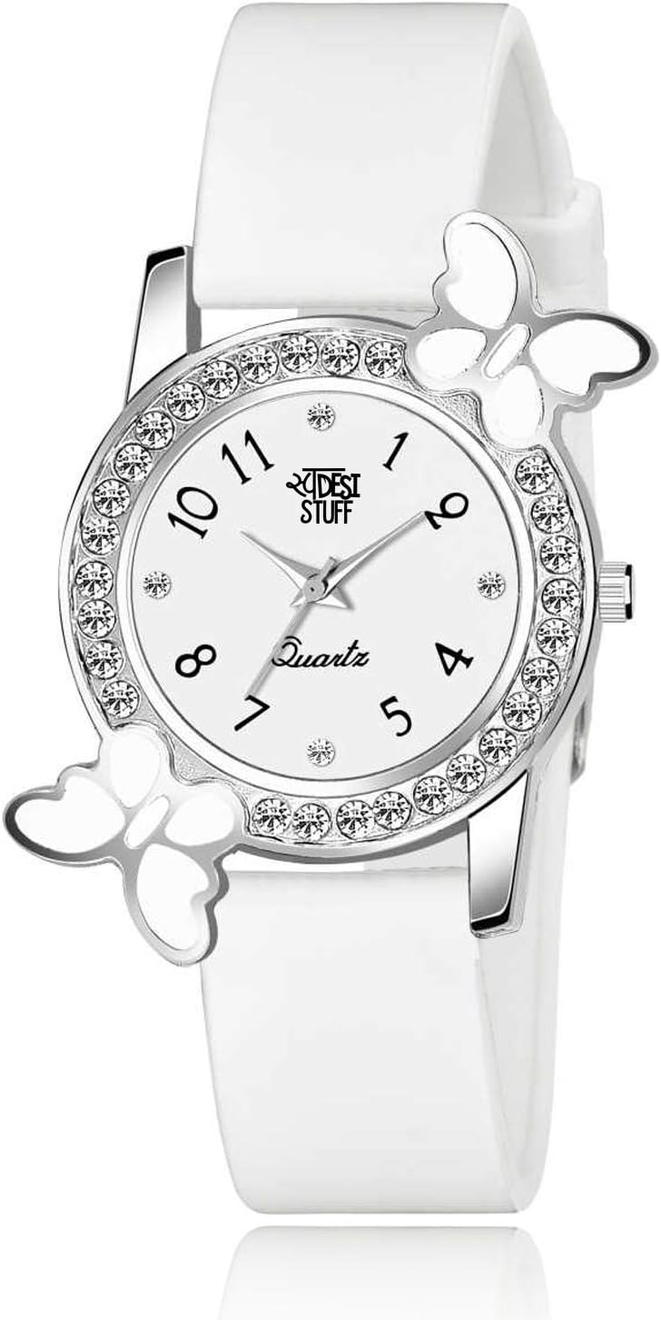 SWADESI STUFFAnalog White Dial Diamond Studded Butterfly Watch for Girls & Women