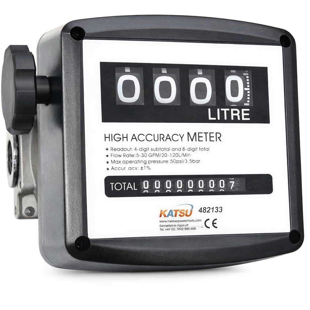 KATSU 4 Chiffres Compteur de Débitmètre de Mazout Diesel, Réservoir de Transfert de Pompe à Carburant Débitmètre Mécanique 3,5 Bars Précision 1%