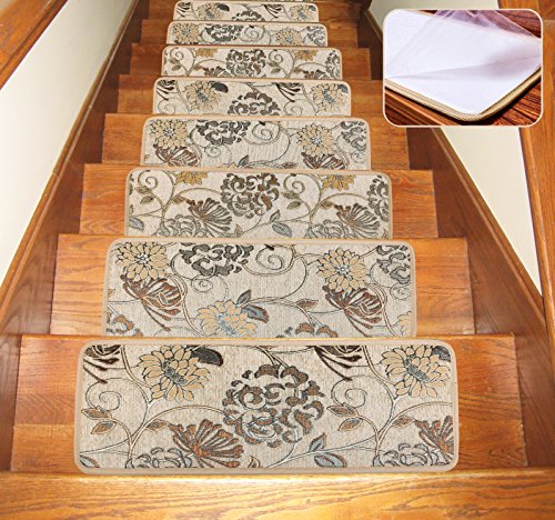 Soloom Non Slip Stair Treads Carpet Set of 7 Blended Jacquard Indoor Skid Resistant Stair Tread Rugs Rubber Backing,26"x10",Beige