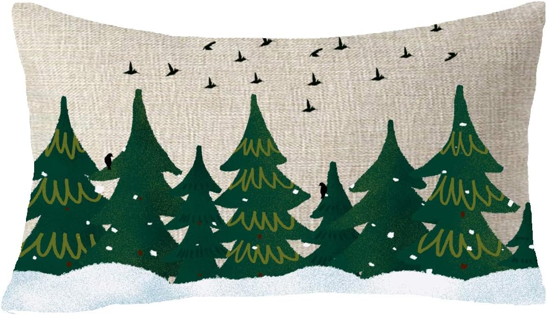 FELENIWHappy Winter Snowflakes Forest Tree Birds Merry Christmas (The Blue at The Bottom is a Pattern Design, not Dyed) Cotton Linen Decorative Throw Pillow Cover Cushion Case Lumbar 12x20 inches