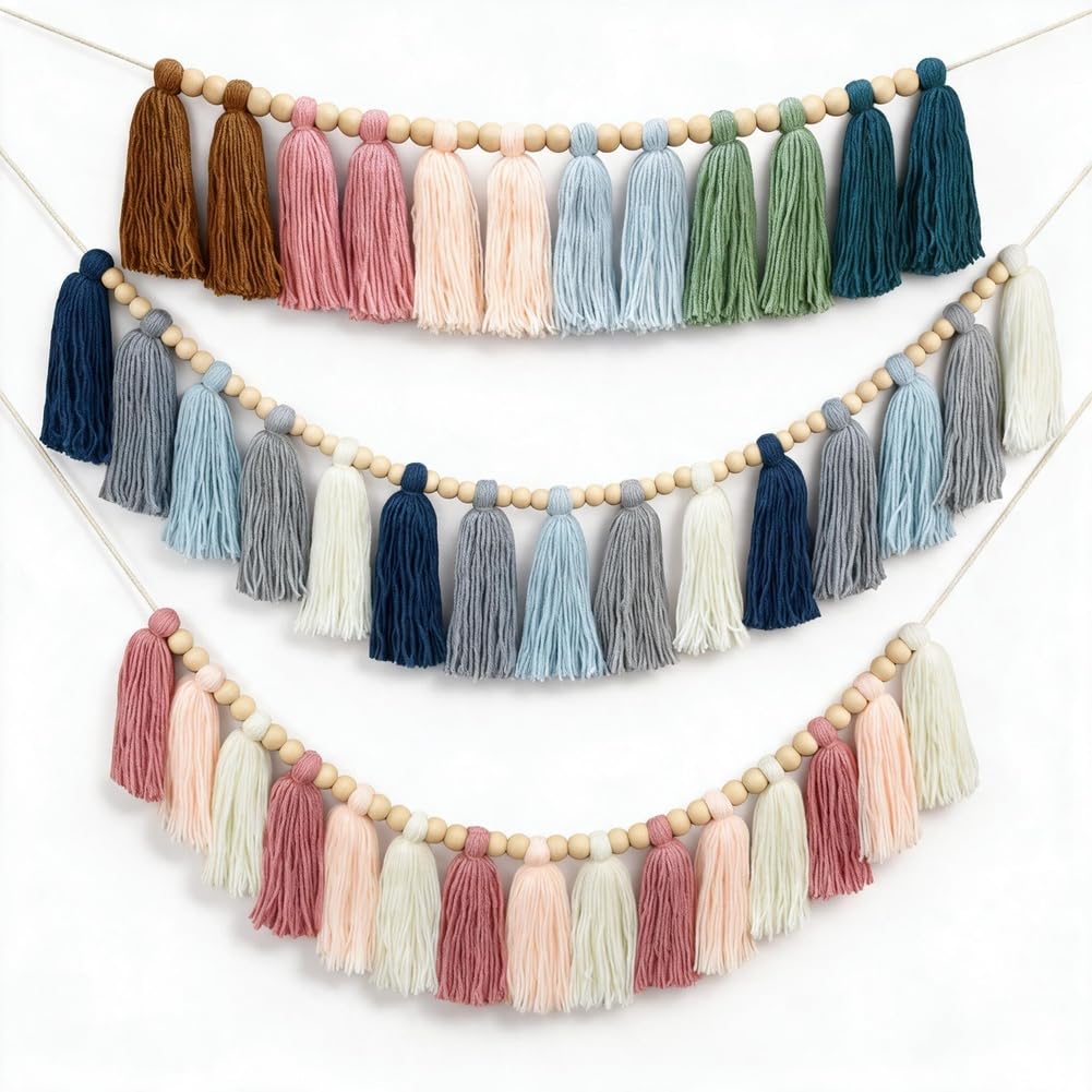 DrCor Moody Boho Tassel Garland, Set of 3 with Natural Wood Beads - Vintage