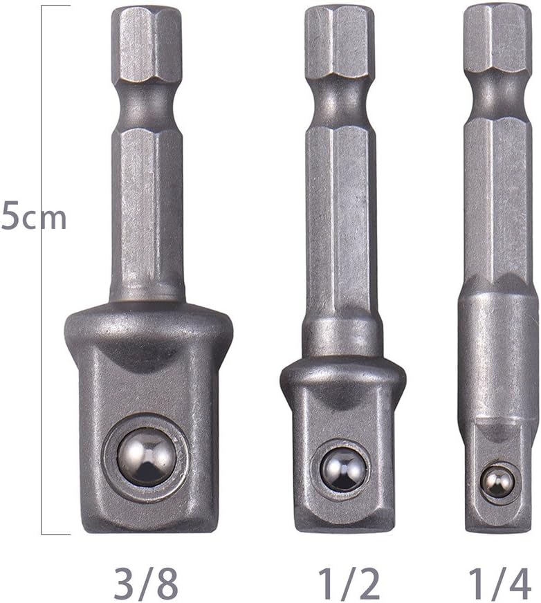 1/4" 3/8" 1/2" Hex Shank Ball Joint Sleeve Universal Impact Adapter Square Extension Socket Driver Drill Bits Socket Set for Automotive DIY 3 PCS Silver
