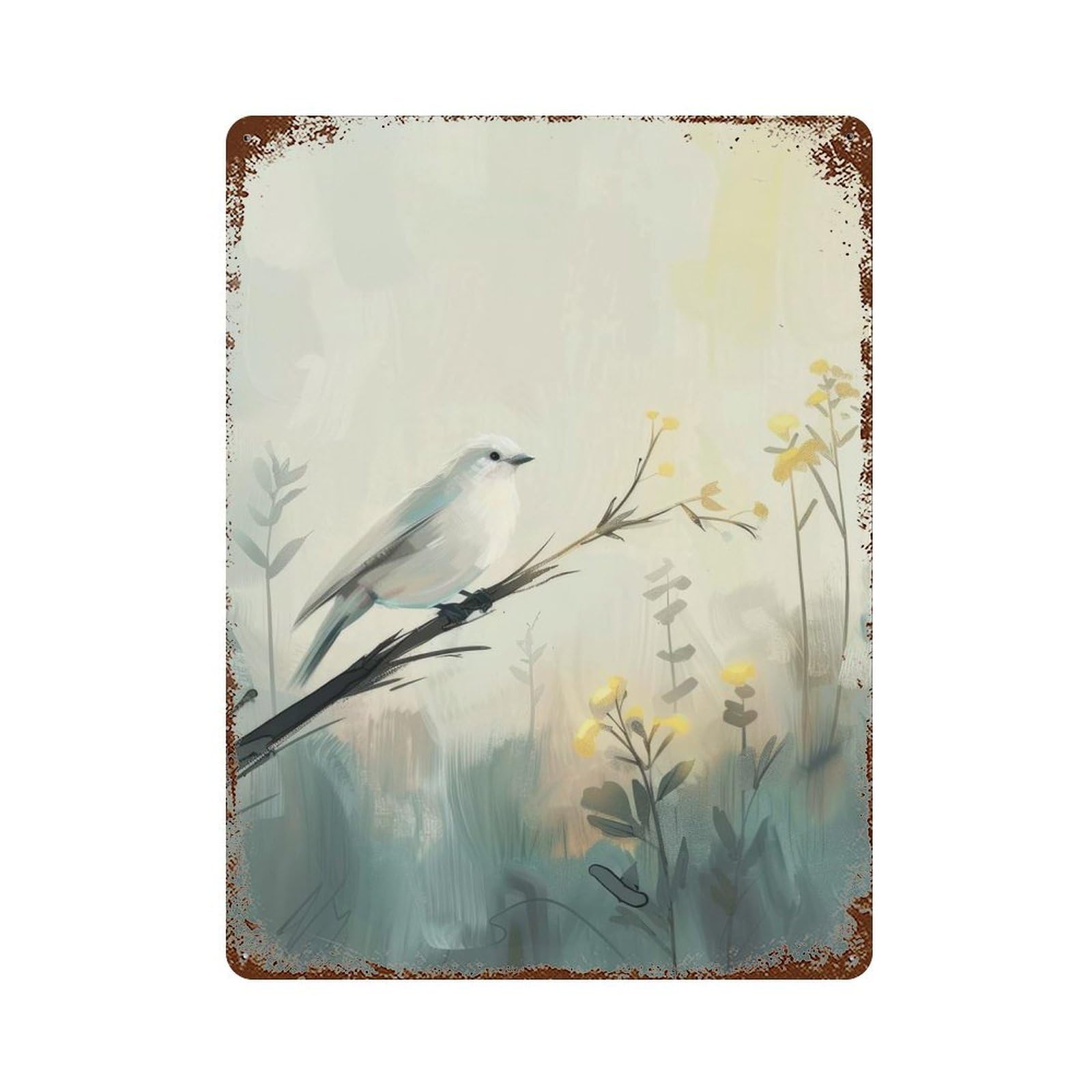 Distressed Metal Wall Sign with White Bird on Branch Digital Painting Design 15.7"x11.8", for Living Room, Hallway And Home Decor, Vintage Wall Decor