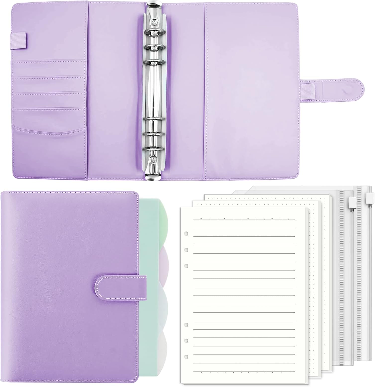 A5 Ring Binder Refillable with 135 Refill Paper 6 Rings Binder Leather Notebook with 2 Binder Pockets Notebook Binder A5 Diary for Planner Budget Sheets Binding Card for Work, School, Travel