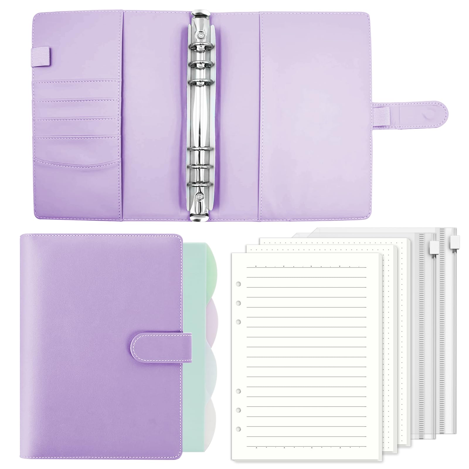 A5 Ring Binder Refillable with 135 Refill Paper 6 Rings Binder Leather Notebook with 2 Binder Pockets Notebook Binder A5 Diary for Planner Budget Sheets Binding Card for Work, School, Travel