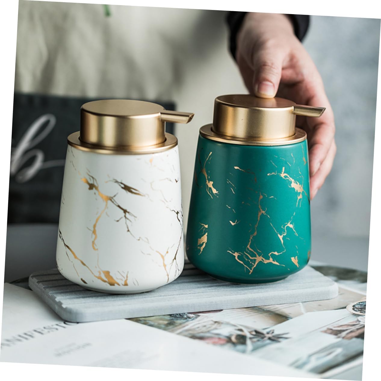 Ceramic Bathroom Washing Set 4-Piece Toothbrush Holder and Washing Cup Kit Dark Green for Home and Travel