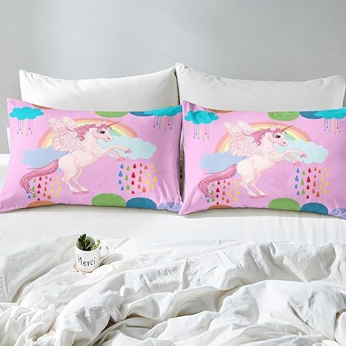 Miniatura 4 de Manfei Juego de funda de edredón de unicornio rosa, tamaño matrimonial, funda de edredón de nubes arcoíris de dibujos animados con 2 fundas de