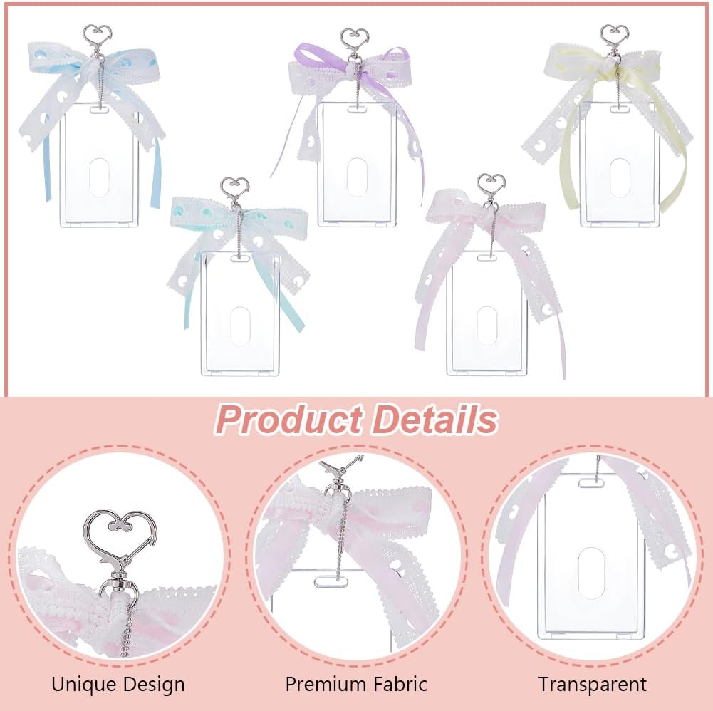 WEBEEDY 5 Styles Photocard Holder with Ribbon Bow Keychain Cute ID Badge Holders Protective Photocards Holders Portable Card Case for Men Women Bus Card Album Protector Bag (6.4x10.3CM/2.5x4 INCH)
