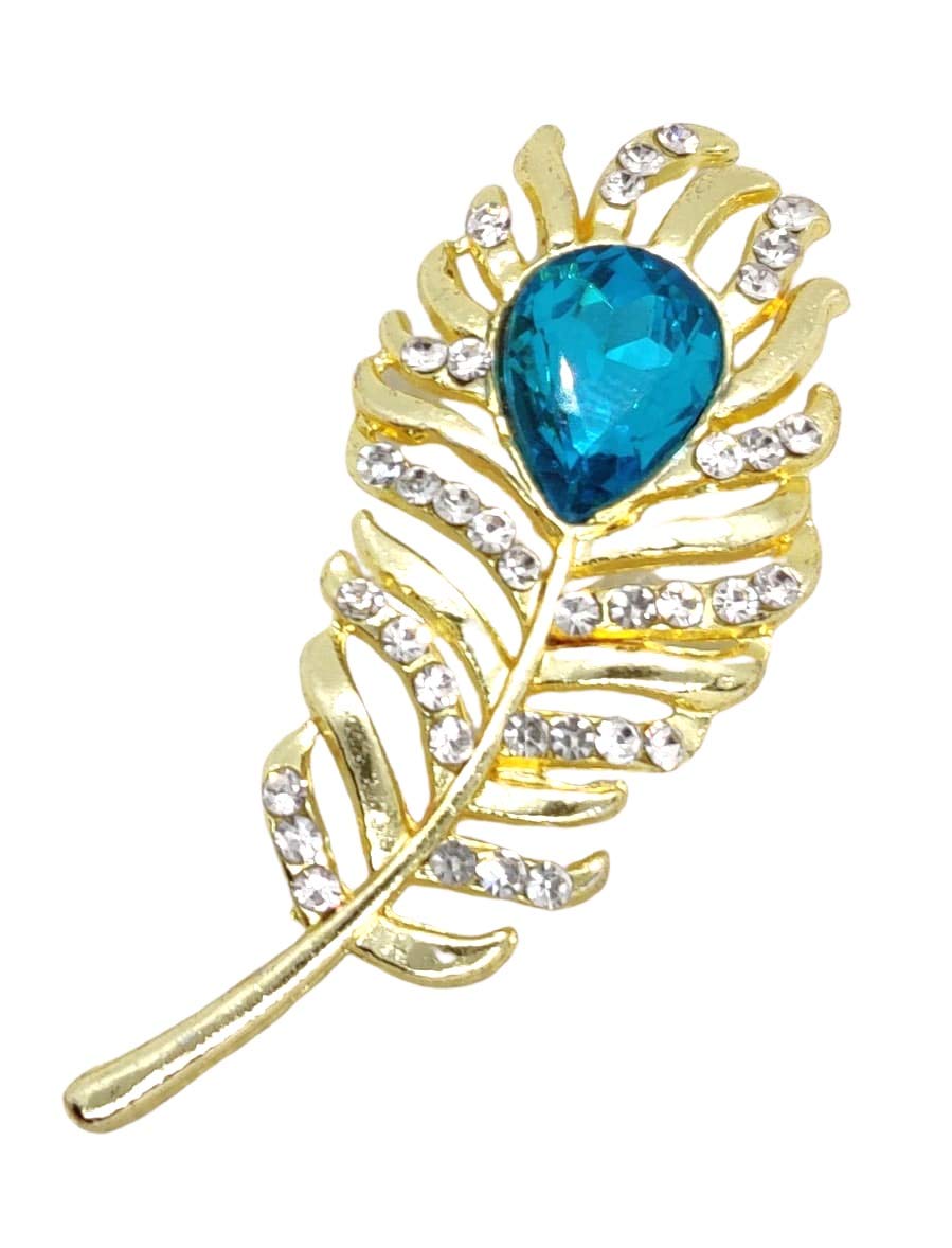 FUREMetal Peacock Feather Brooch (Golden) for Women and Men, Metal, Rhinestones