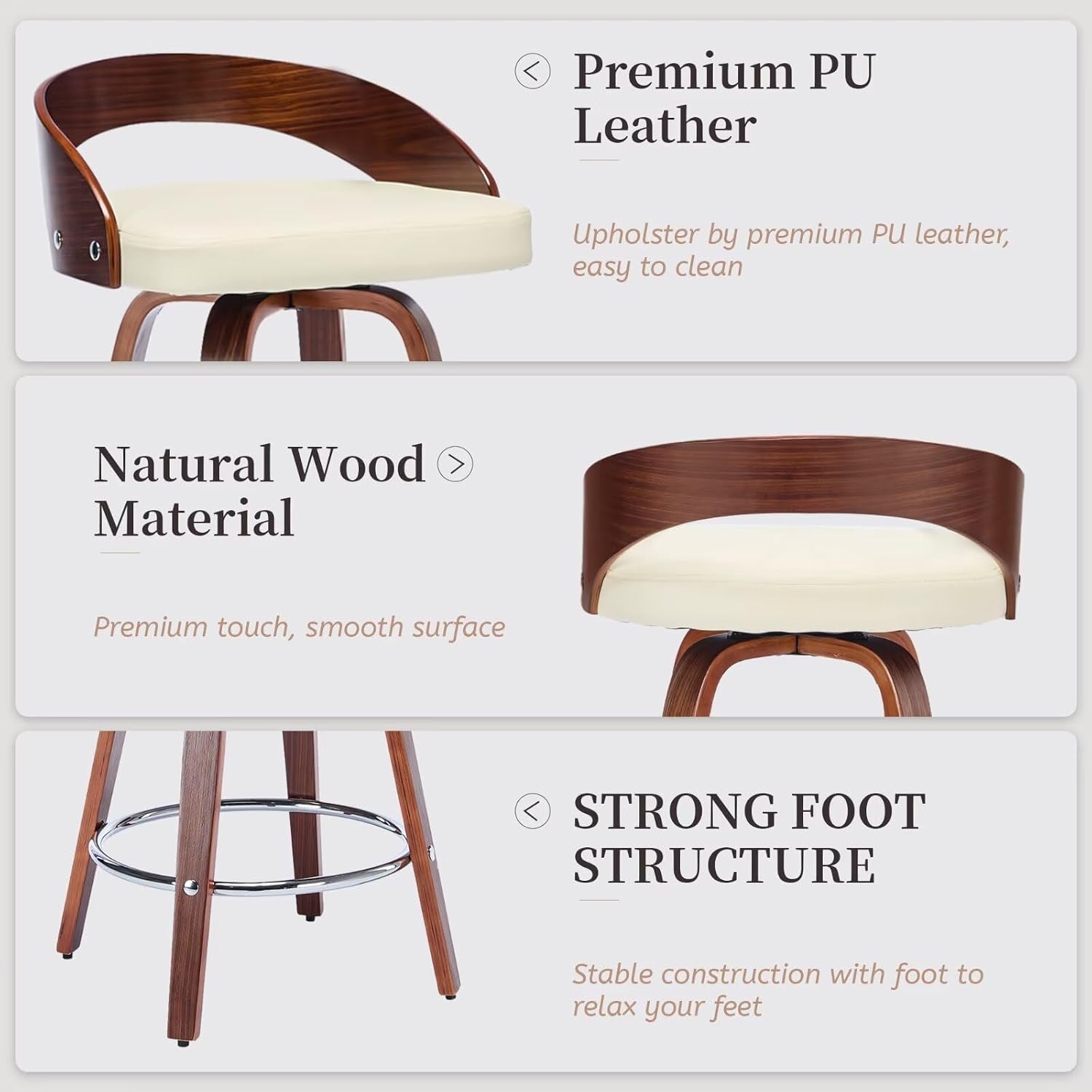 25 Inch Swivel Bar Stool with Low Back Set of 2, Mid-Century Beige PU Leather Upholstered Barstool Walnut Wood Counter Height Stool for Kitchen Island Counter Dining Room Small Space