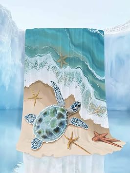 Ocean Cooling Blankets for Hot Sleepers Summer Beach Sea Turtle Spray Starfish Scenery Coastal Lightweight Breathable Summer Blanket Cold Touch Fabric Throw for Bed, Couch, Sofa 50"x60"