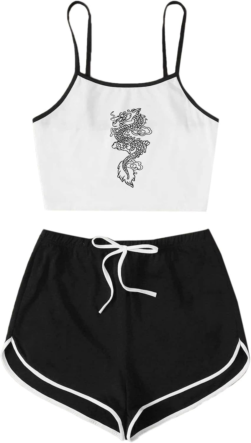 SweatyRocks Women's Nightwear Lingerie Strapy Crop Top and Shorts Pajama Set