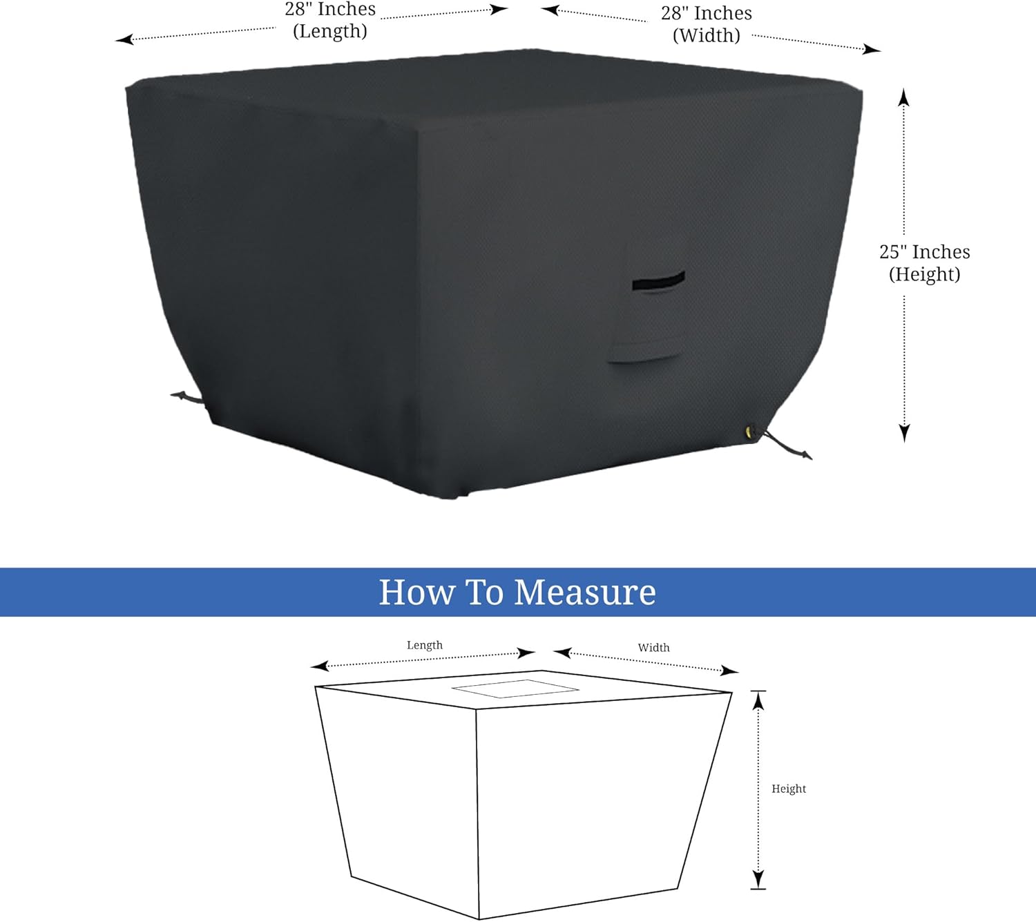 Covers & all Outdoor Square Fire Pit Cover, High Density Waterproof, UV & Weather Resistant for Patio Lawn Garden Backyard Outside, with Air Vents & Drawstrings (28"L X 28"W X 25"H, Black)