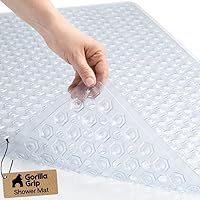 Gorilla Grip Patented Clear Shower Bath Mat 35x16 Inch - Machine Washable, Suction Cups, Drain Holes, Soft BPA-Free Texture for Safe Grip