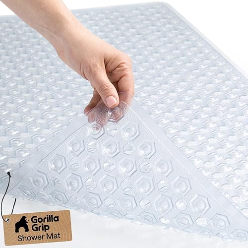 Vista 17 de GORILLA GRIP Alfombrilla para bañera patentada, lavable a máquina, con ventosas y orificios de drenaje para mantener las bañeras limpias, suave