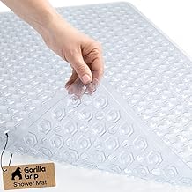 GORILLA GRIP Patented Bath Tub Shower Mat, Machine Washable Bathtub Floor Liner Mats, Suction Cups and Drain Holes to Keep Tubs Clean, Soft on Feet, Bathroom Essentials, 35x16 Inch, Clear