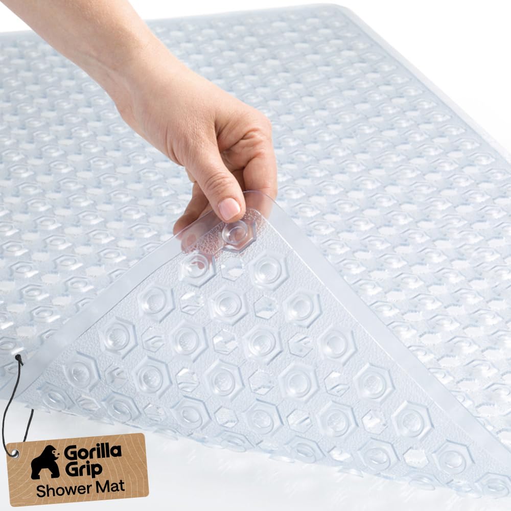 GORILLA GRIP Patented Bath Tub Shower Mat, Machine Washable Bathtub Floor Liner Mats, Suction Cups and Drain Holes to Keep Tubs Clean, Soft on Feet, Bathroom Essentials, 35x16 Inch, Clear