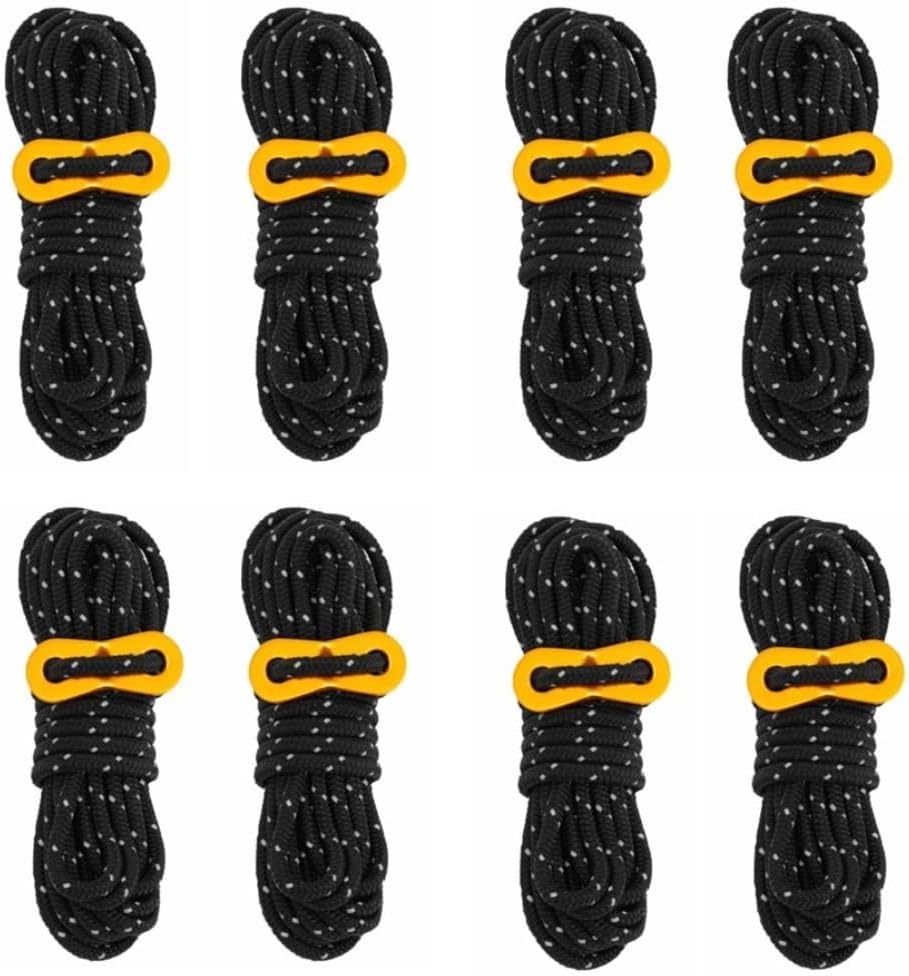 8PCS 4mm Reflective Tent Rope Set – 4m/13.1ft Length High-Visibility Camping Cords with Aluminum Alloy Adjusters for Tents, Tarps & Survival Gear 300kg Tensile Strength(Black)