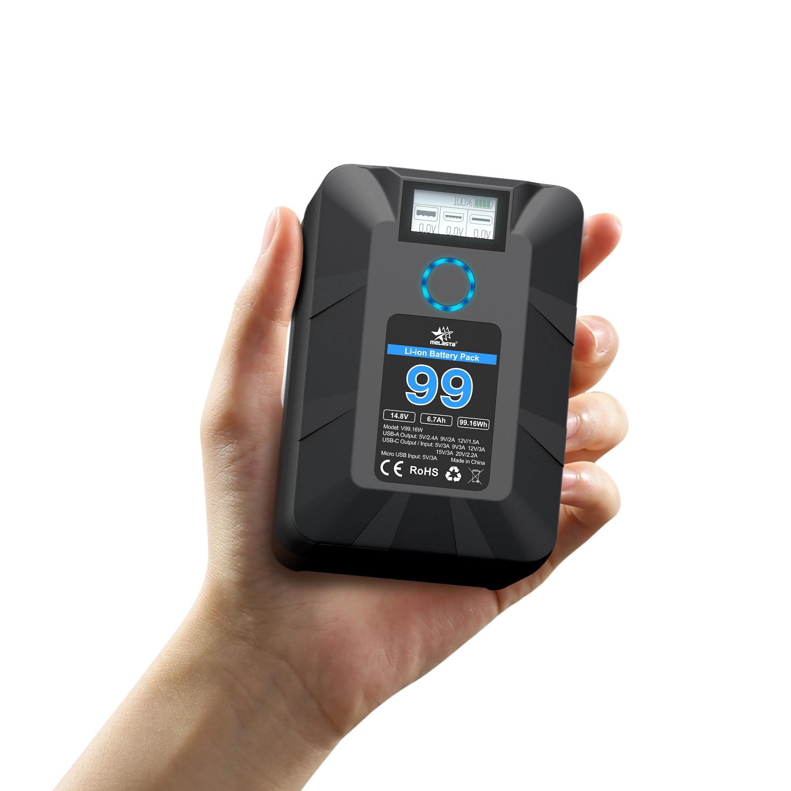 melasta Mini V Mount Akku Batterie 99Wh 6700mAh 14.5V, V Mount Akku mit PD 45W USB-C Schnellladung, mit D-TAP, USB-A, OLED-Bildschirm, für Kamera, Camcorder, Videoleuchte