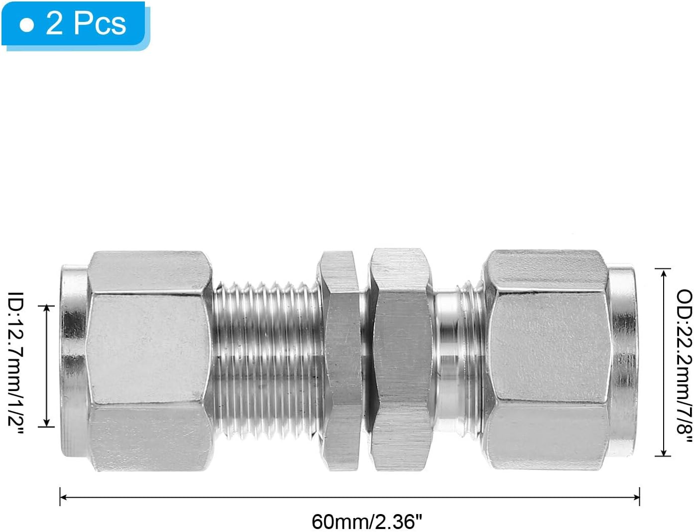 Double Ferrule Compression Tube Fitting 1/2"ID,2Pcs Straight Connector,Silver YESSC070