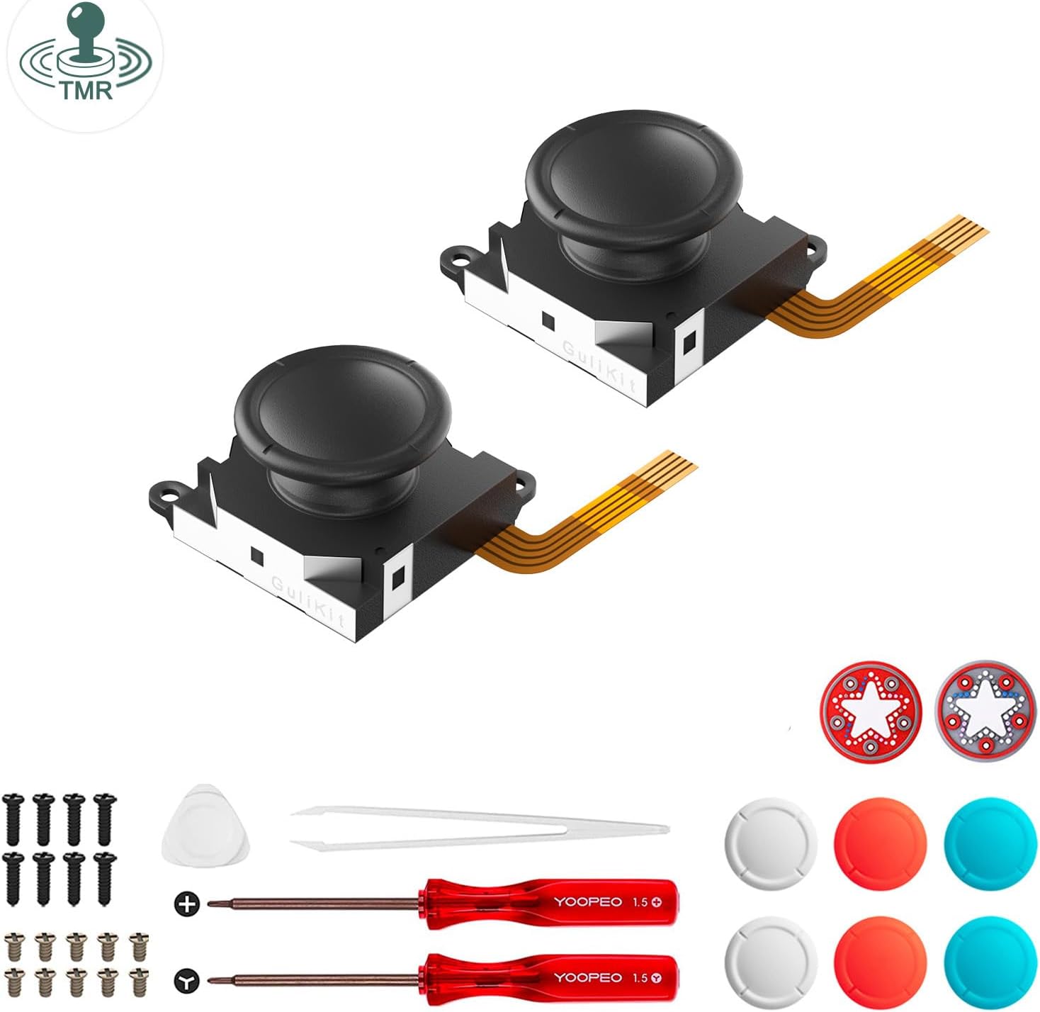GuliKit TMR Hall Effect Joystick Compatible with Switch LCD, Switch OLED/Lite JoyCon, Anti-Drift Joystick Replacement, with Thumb Sticks Repair Kit Accessories, 4 Multiple Color Stick Caps