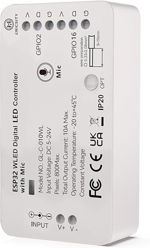 Ericsity Controlador de tira de luz LED WLED con micrófono, controlador LED direccionable RGB RGBW WS2812B SK6812 WS2811 TM1814 WS2813 WS2815 5-24V
