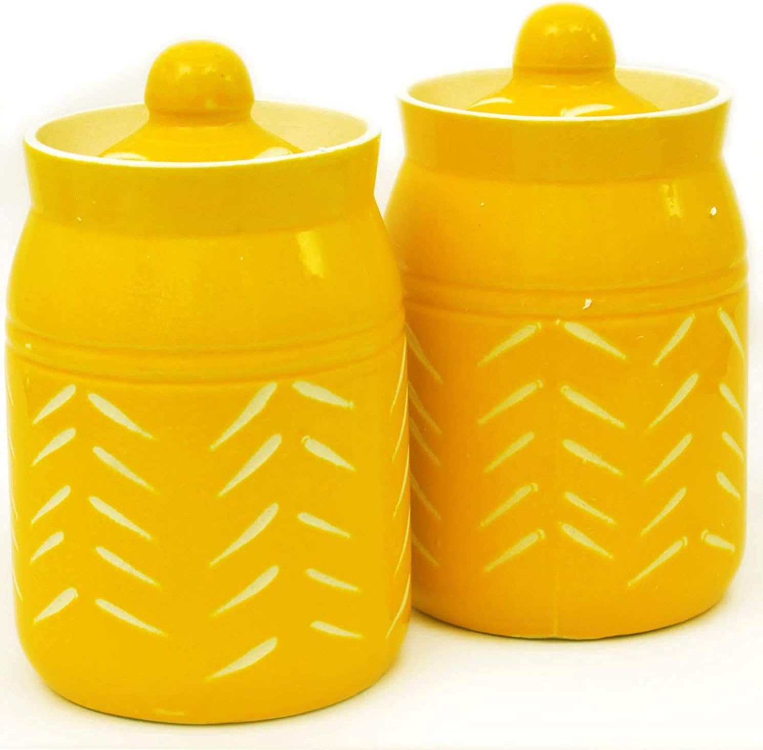 Ceramic Jar With Lid Unique Design Food Storage Container In Yellow (Jar Yellow 500Ml Pack Of 2), Brown