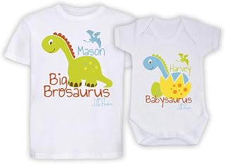 Personalised Colour Dinosaur Brosaurus Babysaurus Matching Little Brother Big Brother T-Shirt Bodysuit Kids Childrens Matching Twinning Set
