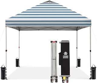 CROWN SHADES 10x10 Pop Up Canopy - Beach Tent with One Push Setup - Easy Outdoor Sun Shade for Events, Parties, Camping - Gazebo with STO-N-Go Cover Bag, Silver Coated Top, Cyan Blue Stripes