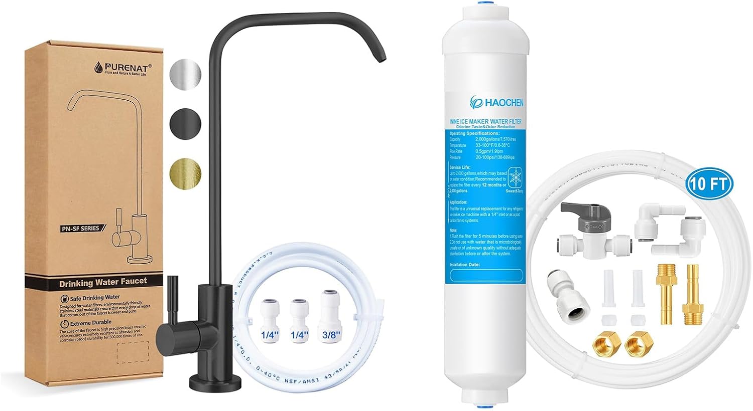 Drinking Water Faucet(Matte Black - 7" Shape)+Inline Water Filter for Ice Maker and Refrigerator,Include 1/4" Water Line and Push to Connect Fittings,Ideal for RO(Reverse Osmosis) System