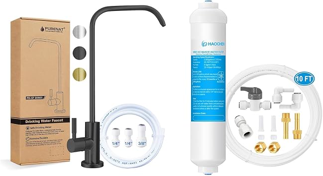 Drinking Water FaucetMatte Black - 7" Shape+Inline Water Filter for Ice Maker and Refrigerator,Include 1/4" Water Line and Push to Connect Fittings,Ideal for ROReverse Osmosis System