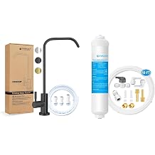 Drinking Water FaucetMatte Black - 7" Shape+Inline Water Filter for Ice Maker and Refrigerator,Include 1/4" Water Line and Push to Connect Fittings,Ideal for ROReverse Osmosis System