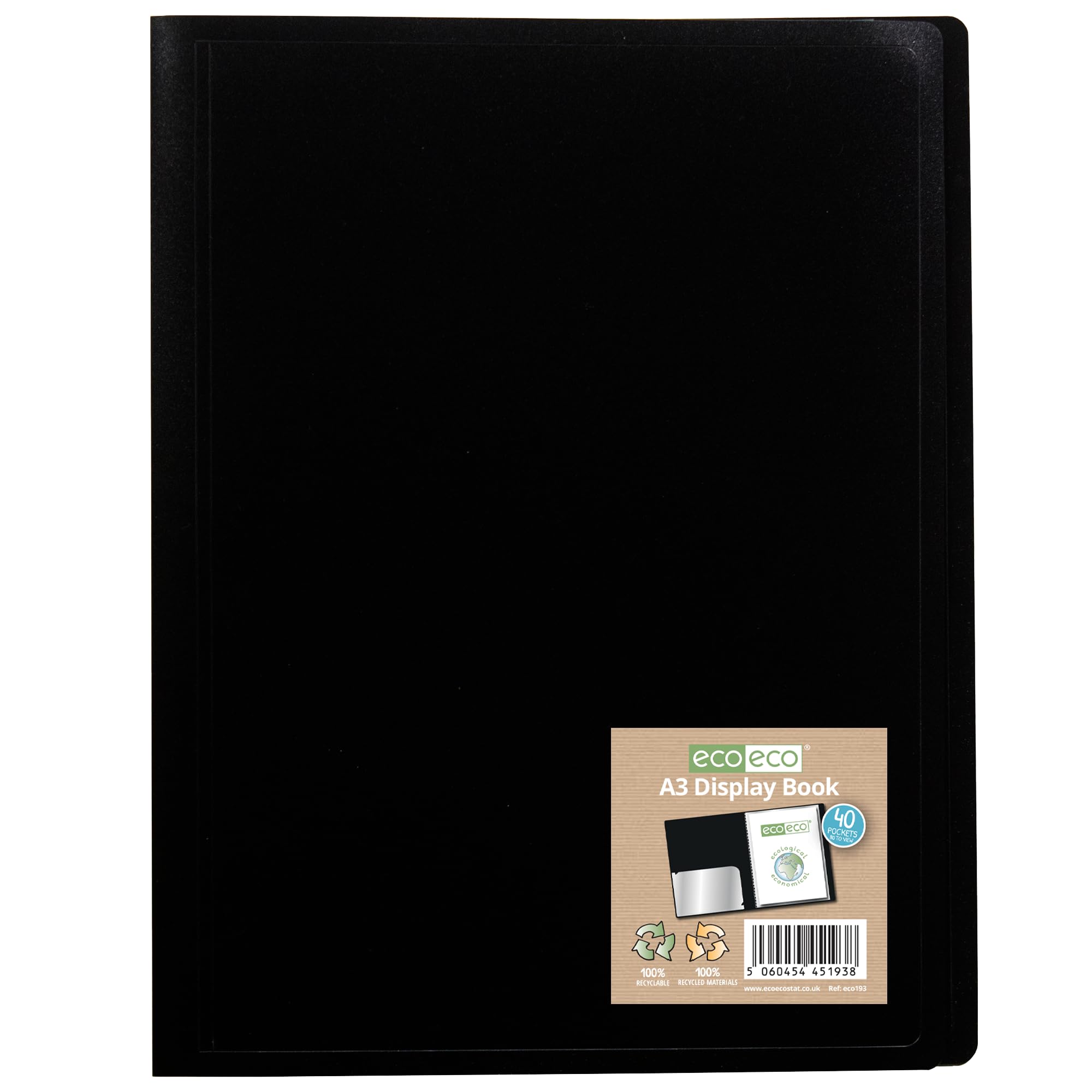 eco-eco A3 100% Recycled 40 Pocket Black Flexible Cover Portfolio Book Folder Display Book, eco193