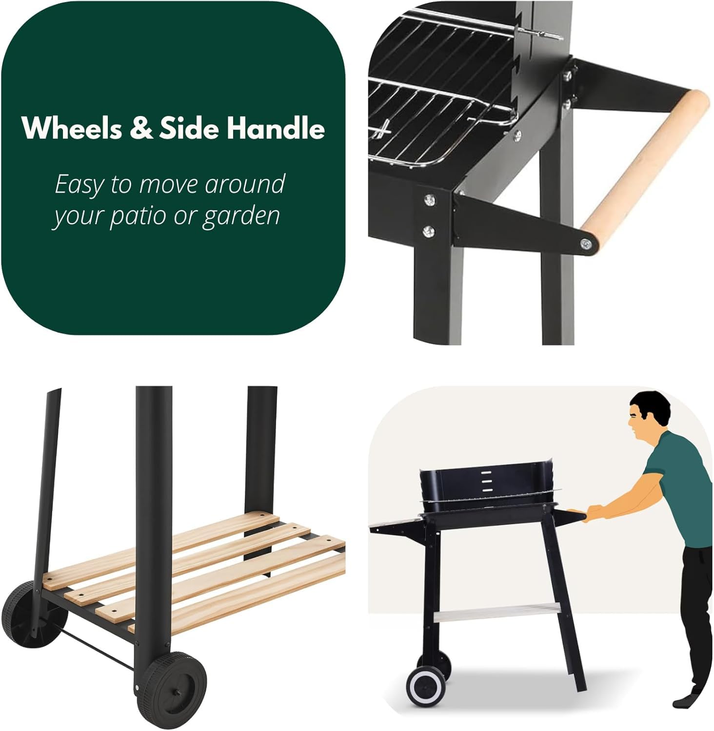 Garden Mile Parrilla de carbón con altura ajustable, carrito portátil para barbacoa con recogedor de cenizas y ruedas para cocinar al aire libre, jardín, fiesta, color negro