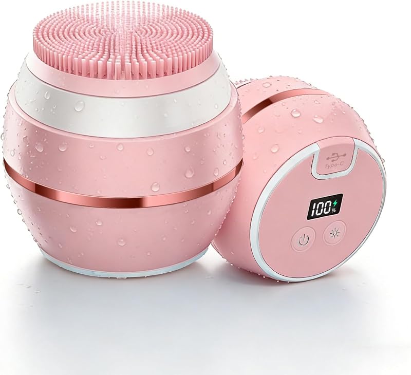 Escova elétrica de limpeza facial Jellystar com vibração sônica, 3 modos de luz LED, silicone e capa protetora – Rosa