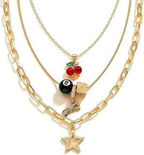 Y2K Layered Gold Charm Necklace Set | Cherry 8 Ball Star Statement Jewelry For Women Summer Party Daily Wear
