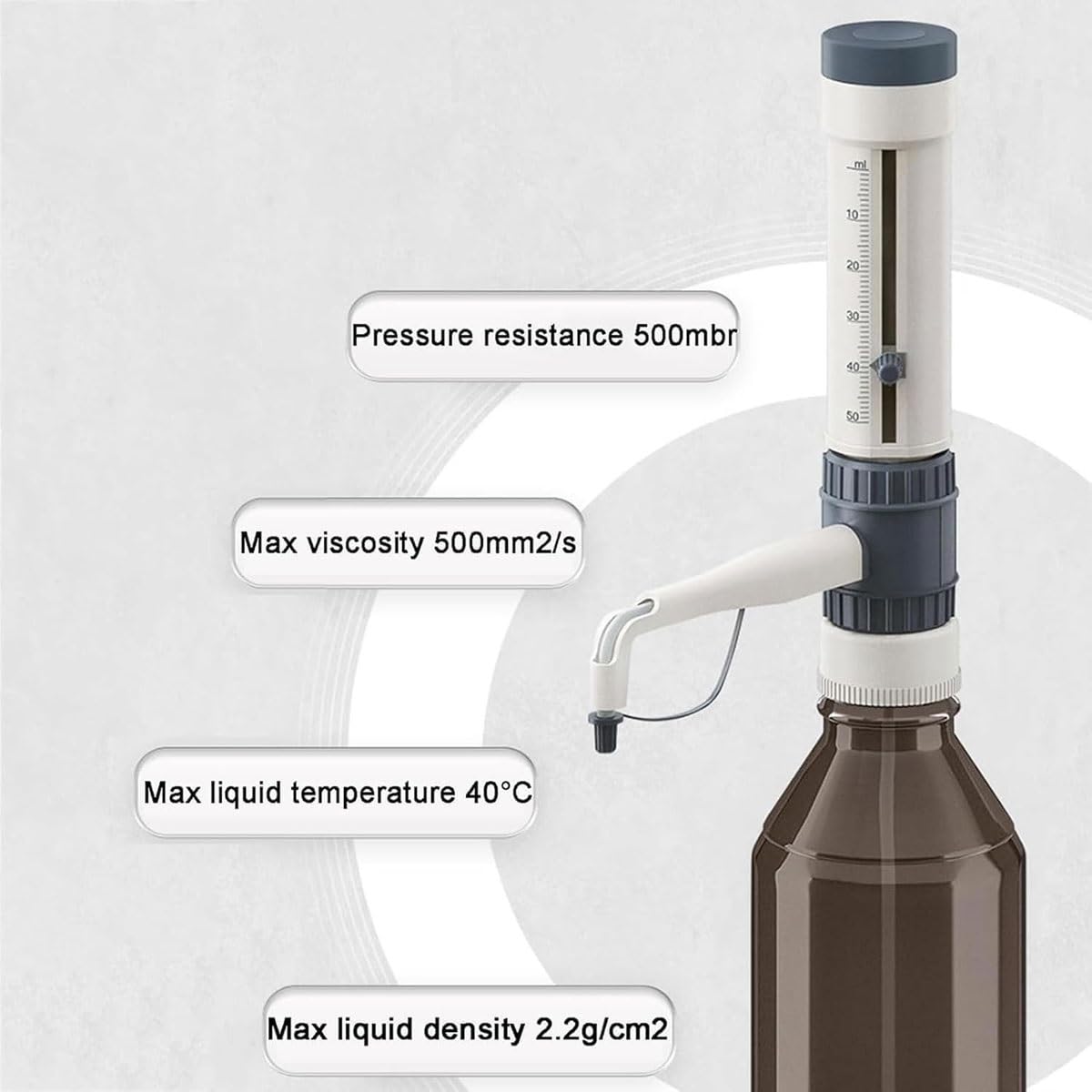 Flaschenaufsatz-Dosiergerät for Labore, Dosiergerät for Flüssigkeiten mit 5 Flaschenadaptern in verschiedenen Größen, max. Druckbeständigkeit 500 mbar(2.5-25ml)