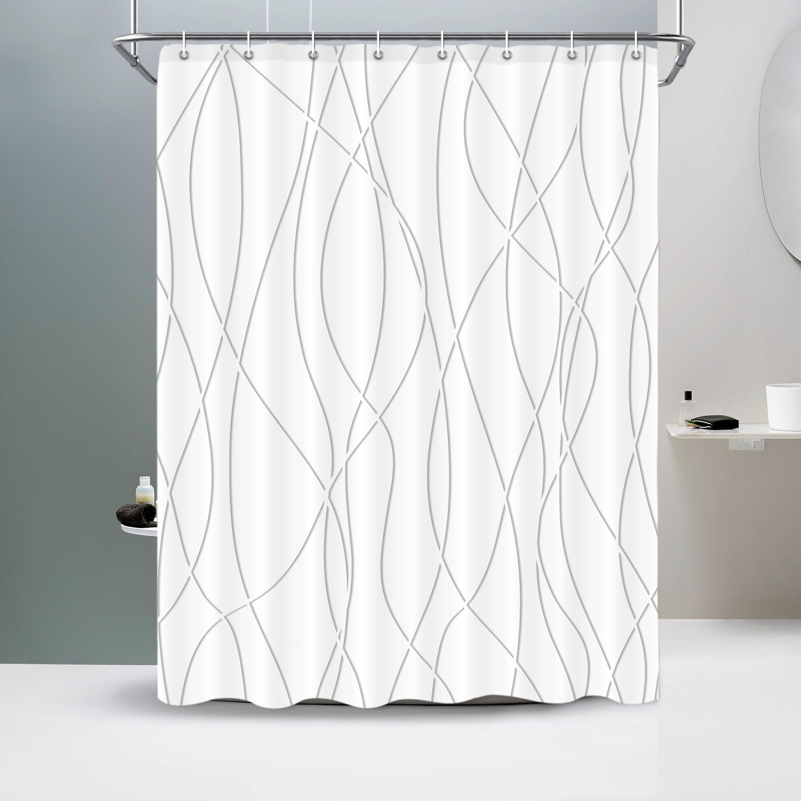 Punkray Grey Shadow Shower Curtain for Bathroom with Hooks, Shower Curtain Set Stripe Bath Curtains Decor White Shower Curtains Weighted Hem Washable,