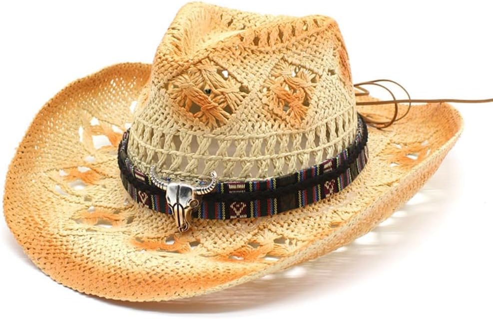 Western Straw Cowboy Hat with Tribal Band, Bull Skull Accent, Brown Two-Tone